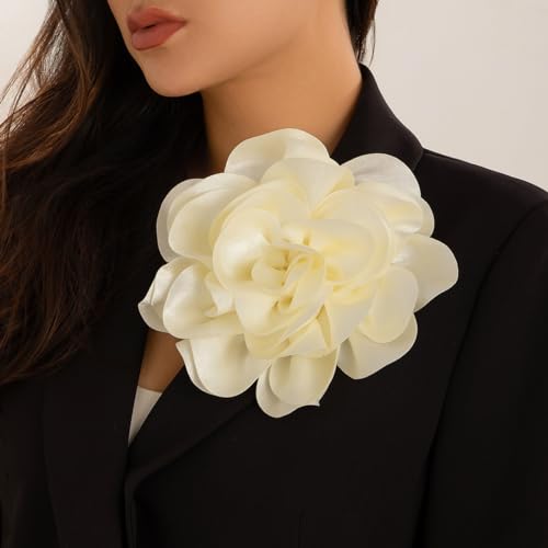 Dainty Satin Fabric Rose Flower Brooches 7.5in Extra Large Big Camellia Flower Brooches Lapel Pins for Women Wedding Party Dance Dress Clothes Accessories - color: Beige