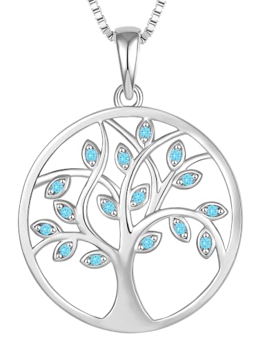 YL 925 Sterling Silver Tree of Life Necklace for Women Round Tree Pendant Birthstone Jewelry for Mom - color: 03-aquamarine-Mar