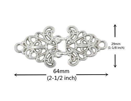 Bezelry 4 Pairs Filigree Trivet Cape or Cloak Clasp Fasteners. 64mm x 29mm Fastened. Sew On Hooks and Eyes Cardigan Clip (Silver)