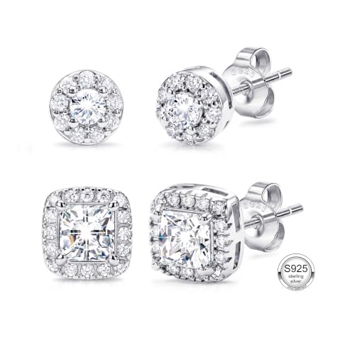 2 Pairs S925 Sterling Silver Stud Earrings for Women Halo Cubic Zirconia | 14K Gold Plated Hypoallergenic Non Tarnish Round Square Silver Stud Earring for Women Men Dainty Trendy Jewelry - style: Silver-Small Stone