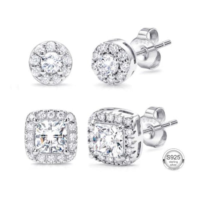 2 Pairs S925 Sterling Silver Stud Earrings for Women Halo Cubic Zirconia | 14K Gold Plated Hypoallergenic Non Tarnish Round Square Silver Stud Earring for Women Men Dainty Trendy Jewelry - style: Silver-Small Stone