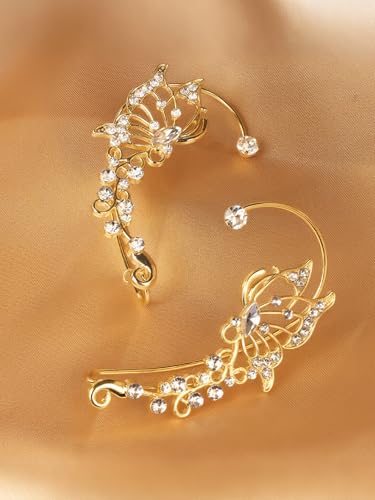 2Pcs Rhinestone Butterfly Earrings Ear Cuffs Non-Pierced Fake Earrings Butterfly Climber Wrap Around Earring Dainty Adjustable Ear Clip Jewelry for Women - color: StyleA-2 Pairs-Gold