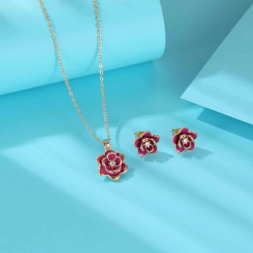 EVEVIC Dainty Flower Pendant Necklace Earrings for Women 14K Gold Plated Hypoallergenic Jewelry Sets - color: Purple /Rose Gold-tone