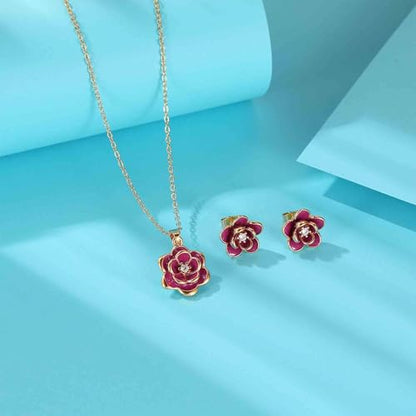 EVEVIC Dainty Flower Pendant Necklace Earrings for Women 14K Gold Plated Hypoallergenic Jewelry Sets - color: Purple /Rose Gold-tone