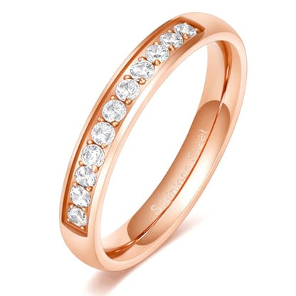 TIGRADE 3.5mm Engagement Ring Half Cubic Zirconia Stainless Steel Eternity Wedding Band for Women Size 3-12.5 - color: Rose Gold