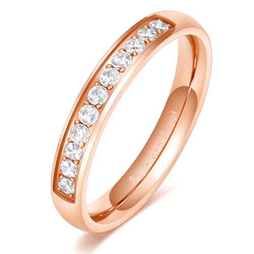 TIGRADE 3.5mm Engagement Ring Half Cubic Zirconia Stainless Steel Eternity Wedding Band for Women Size 3-12.5 - color: Rose Gold