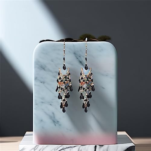 Essencedelight Crystal Beaded Tassel Earring Long Beaded Dangle Earring Fringe Hook Earring for Women Bridal Wedding - color: black