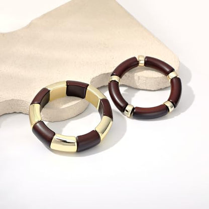 GOOJIDS Simple Beaded Gold Plated Bangles Bracelet Chunky Bamboo Tube Curved Stacking Clear Acrylic Colorful Beads Stretchable Gold Plated Bracelets Set For Women - color: T-Dark Brown 2 set
