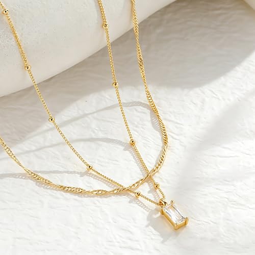 Yoosteel Layered 14K-Gold-Plated Necklace for Women,CZ Necklaces Stack | Dainty Cubic Zirconia Pendant Necklace,Simple Chain Choker Stackable,Trendy Jewelry,Wedding Bridesmaid Gifts - color: Layered Rectangle CZ
