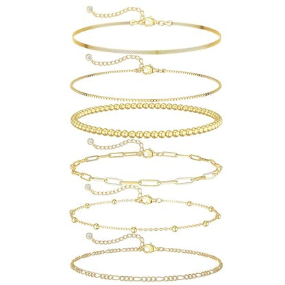 Gold Bracelets Sets for Women Waterproof | Non Tarnish Gold Plated Cuban Paperclip Link Chain Stackable，Trendy Jewelry Accessories Gifts for Women - style: 6Pcs BRACELET SET-04