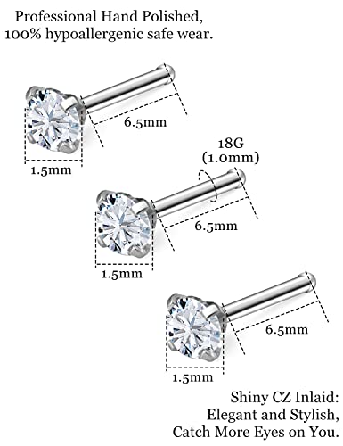 18G 20G 22G Nose Rings Studs with Cubic Zirconia 316L Surgical Steel Straight Screw L Shaped Nose Studs Piercing Jewelry for Women Men Girl CZ 1.5mm 2mm 2.5mm 3mm 20Pcs - color: A:18G L Shaped- Silver 1.5mm