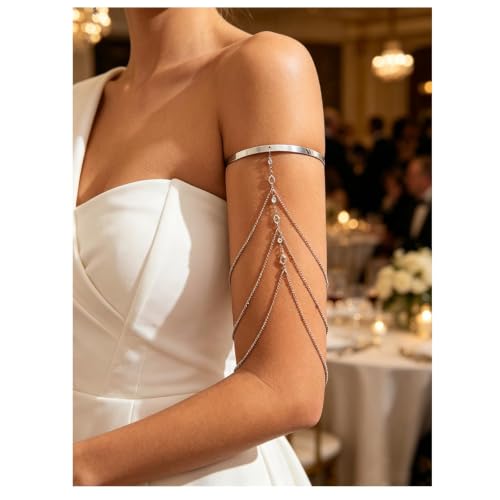Simple Crystal Bead Tassel Upper Arm Chain Bracelet Multi-layered Bikini Armlet Rhinestone Adjustable Open Arm Cuff Bangle Bracelets Summer Beach Body Jewelry for Women - style: Silver