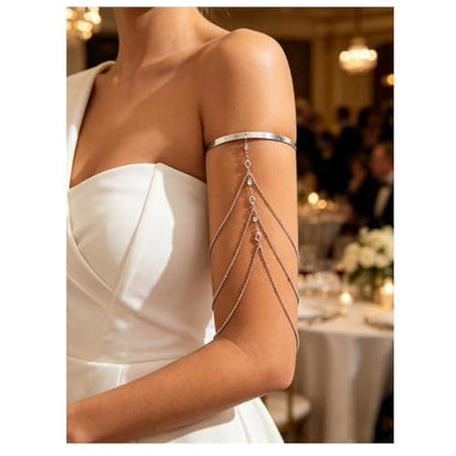 Simple Crystal Bead Tassel Upper Arm Chain Bracelet Multi-layered Bikini Armlet Rhinestone Adjustable Open Arm Cuff Bangle Bracelets Summer Beach Body Jewelry for Women - style: Silver