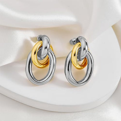 Gold Chunky Earrings for Women Geometric Knot Link Drop Dangle Earrings 14K Gold Plated Statement Earrings Trendy Gold Jewelry - color: Style 1-Two Tone