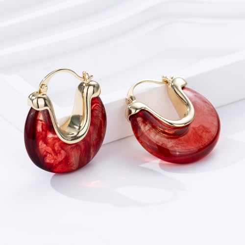 Chunky Gold Resin Hoop Earrings Leverback Statement Huggie Hoops Dangle Drop Dressy Earring Prom Festival Vacation Jewelry for Women - color: Burgundy, size: Drop