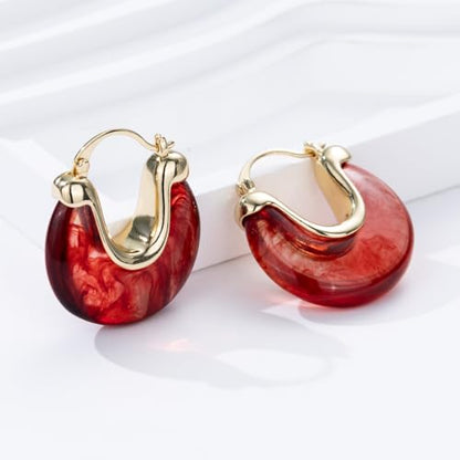 Chunky Gold Resin Hoop Earrings Leverback Statement Huggie Hoops Dangle Drop Dressy Earring Prom Festival Vacation Jewelry for Women - color: Burgundy, size: Drop