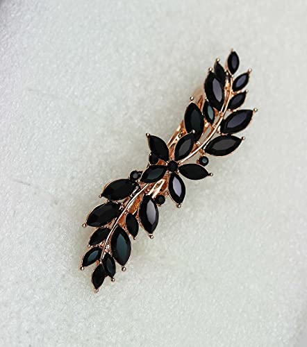 Faship Black Crystal Rose Gold Plated Small Floral Hair Barrette Clip - color: Black / Rose Gold