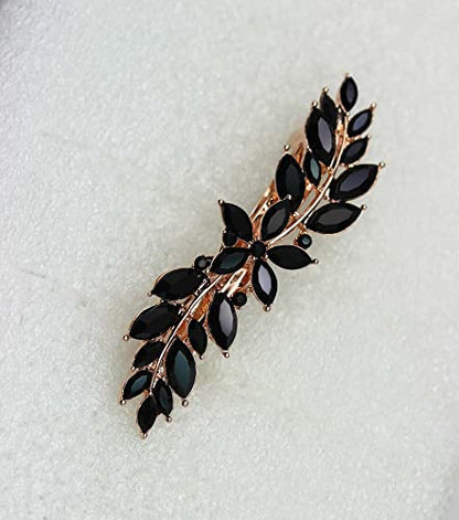 Faship Black Crystal Rose Gold Plated Small Floral Hair Barrette Clip - color: Black / Rose Gold