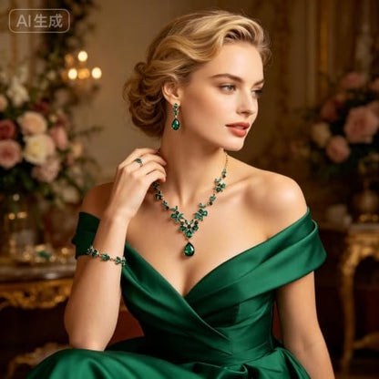 Kamirola Bridal Jewelry Set, Jewelry Set for Women, Necklace Dangle Earrings Bracelet Set, White Gold Plated (TR76) - color: Green