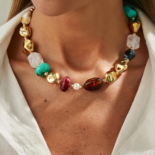 Chunky Acrylic Beaded Necklace for Women Colorful Acrylic Resin Beaded Choker Big Round Beads Statement Necklace Fashion Jewelry - color: Gold