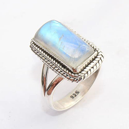 Solid 925 Sterling Silver Ring For Women, Gemstone Ring, Silver Statement Ring, June Birthstone, Bezel Set Rectangle White Gemstone Hypoallergenic Art Deco Ring Christmas Gift