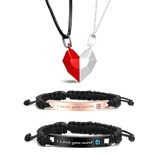 HUASAI 4Pcs Heart Necklaces for Women Couples Necklace Bracelets Matching Set for Couples Jewelry Gifts Pendant Matching Necklace Valentines Day Gifts for Her Girlfriend Valentines Accessories - color: B3:Couple Bracelets