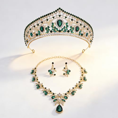 Princess Tiara Crown and Jewelry Sets for Women Wedding Rhinestone Crystal Tiaras and Crowns with Necklace Earrings Party Birthday Accessories - color: Gold Green