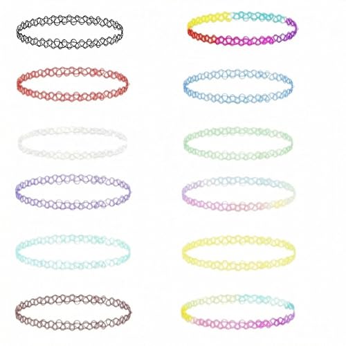 12PC Tattoo Choker Necklace Set- 90s Accessories 2000s Jewelry Fashion- Rainbow Goth Black White Blue Green Pink - Adjustable Stretchy Elastic Necklace for Women - color: Color -12p
