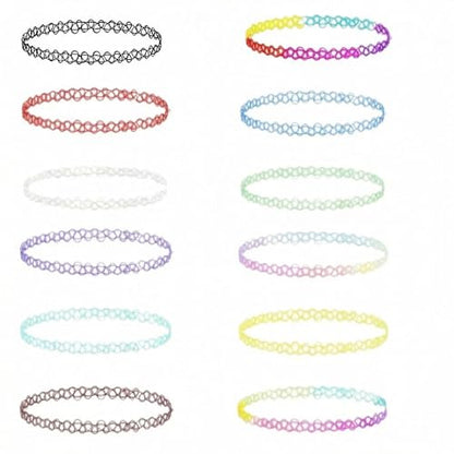 12PC Tattoo Choker Necklace Set- 90s Accessories 2000s Jewelry Fashion- Rainbow Goth Black White Blue Green Pink - Adjustable Stretchy Elastic Necklace for Women - color: Color -12p
