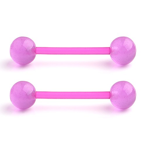 14G 16mm Glow in The Dark Flexible Acrylic Straight Tongue Nipple Ring Retainer Piercing - color: 2PCS - Pueple
