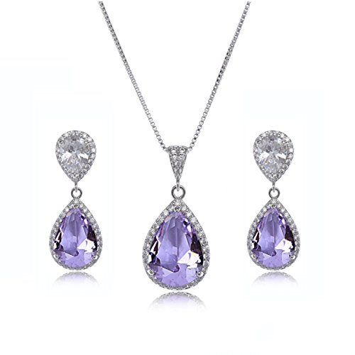 Elegant Jewelry Set for Women Silver Teardrop CZ Drop Earrings and Necklace | Square Teardrop Cubic Zirconia Rhinestone Jewelry Sets Bridal Jewelry Sets for Wedding Bride Bridesmaids Mother of Bride - style: Guardian Angel (Amethyst)
