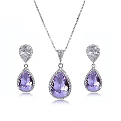 Elegant Jewelry Set for Women Silver Teardrop CZ Drop Earrings and Necklace | Square Teardrop Cubic Zirconia Rhinestone Jewelry Sets Bridal Jewelry Sets for Wedding Bride Bridesmaids Mother of Bride - style: Guardian Angel (Amethyst)