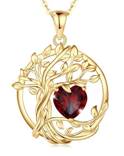 FANCIME Tree of life Birthstone necklace Sterling Silver Pendant Birthstone Necklace Gemstone Anniversary Birthday Jewelry Mothers Day Gifts for Mom Her Wife - color: Yellow gold-1-garnet