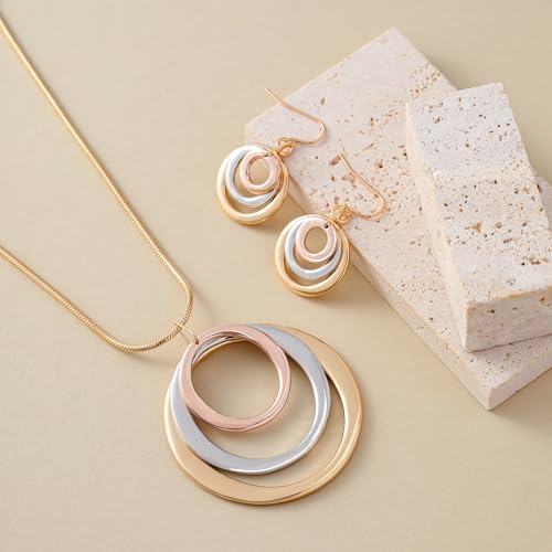 3 Circles Silver Hoop Earrings Necklace Set for Women Geometric Jewelry Set | 925 Silver Hypoallergenic Small Hoop Circle Geometry Textured Finish Minimalist Style Comfortable Wear - style: Tri-tone Hoop