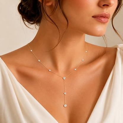 LANE WOODS Moissanite Lariat Necklace for Women, 925 Sterling Silver Y Necklace with Teardrop Pendant, Dainty Gold Plated Drop Necklace 16+2 Inch Adjustable Chain, Bridal Wedding Prom Jewelry - color: gold