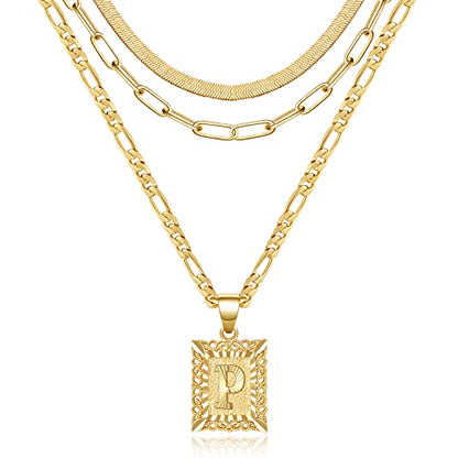 KissYan Gold Layered Initial Necklace Set for Women | 14K Gold/White Gold Plated Letter Pendant with Paperclip Snake Figaro Choker Chain, Alphabets from A-Z Jewelry Gifts - color: 3PCS, style: P