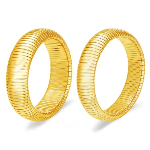 Gold Chunky Stretch Snake Chain Bangle Bracelets Stack for Women Trendy, 18K Gold Filled Stainless Steel Stretchy Womens Stackable Wristband Bangles Bracelet Set - style: GOLD 16MM 2PCS