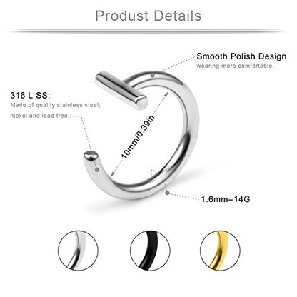 14G T Shaped Stainless Steel Gothic Clip on Non piercing Double Fake Cuff Lip Nose Ring Septum Hoop Women Men 6pcs - color: 6PCS - Mix Color 1#