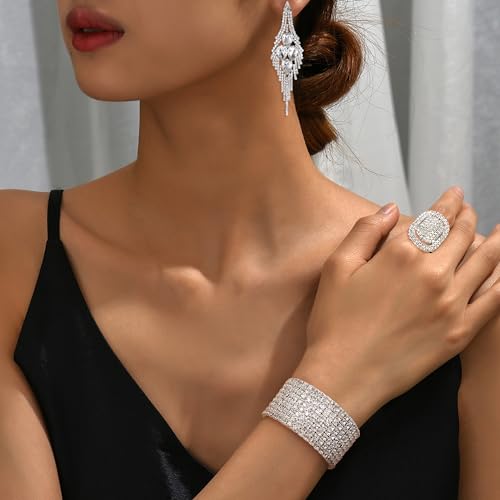 Rhinestone Bridal Jewelry Set for Women Earrings Bracelet Ring | Sparkling Rhinestone, Stretch Bracelet Ring, Dangle Tassel Earrings Set, Costume Jewelry, Rhinestone Jewelry Set for Women - style: Set 2