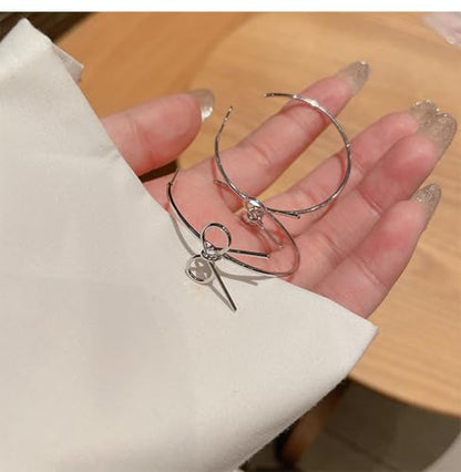 OwMell Large Hoop Earrings for Women 925 Sterling Silver Post 14K Gold Plated Big Hoops Earrings Trendy Pearl Cubic Zirconia Hoop Earrings - color: Bowknot Silver