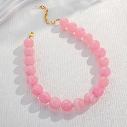 Chunky Beaded Necklaces for Women Statement Necklace | Bold Chunky Choker, Large Resin Beads, Adjustable Necklace, Boho Trendy Summer Beach Holiday Jewelry - color: Pink-03