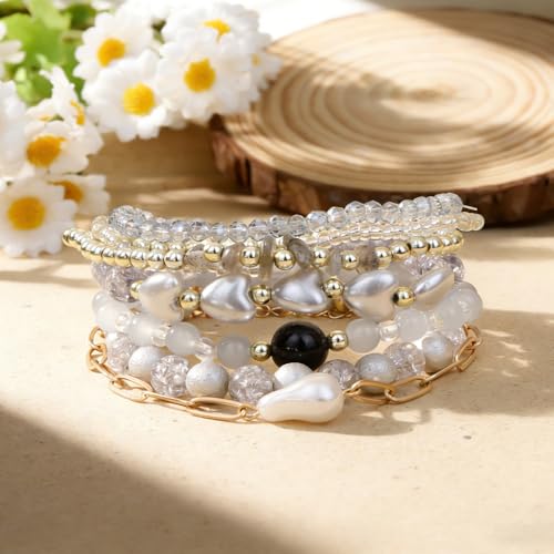 7PCS Boho Bohemia Multilayer Beaded Bracelet Set Stackable Crystal Bead Bracelets Heart Pearl Charms Multicolor Bohemian Stretch Bracelets for Women Summer Beach Jewelry Gifts - color: White