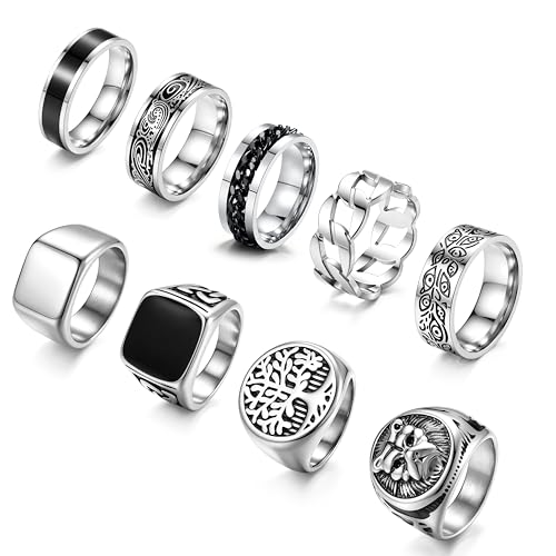 SONNYX 9Pcs Stainless Steel Vintage Signet Rings for Men Square Signet Rings Pinky Engraved Ring Thumb Retro Band Spinner Ring Silver Gold Plated Mens Finger Ring Biker Rings Set, Size 7-13 - color: Silver