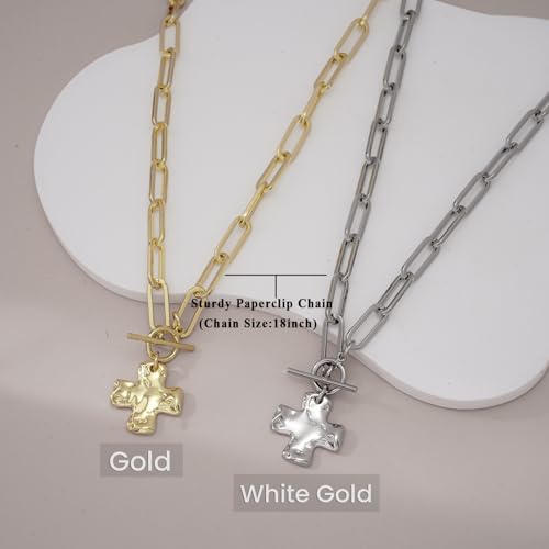 Chunky Cross Necklace for Women Trendy 14K Gold Silver Plated Statement Big Cross Pendant Paperclip Chain Charm Necklaces Religious Faith Easter Basket Stuffers Baptism Costume Jewelry Gift - color: Gold-Toggle-1 inch pendant
