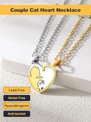 U7 Cat Pendant Necklace for Women Stainless Steel Cute Kitty Cat Jewelry Gift - style: 03-Heart Cat Set-Steel+Gold