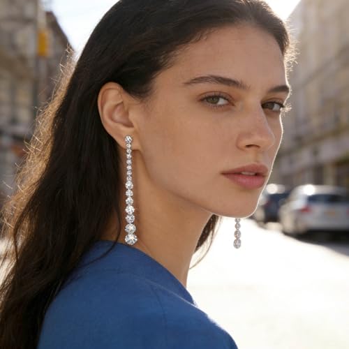Wedding Long Rhinestone Earrings Silver Crystal Dangle Earring Diamond Cubic Zirconia Bridal Drop Sparkly Tassel Cz Brides Stud Shiny Statement Formal Bridesmaid Party Prom Jewelry Women