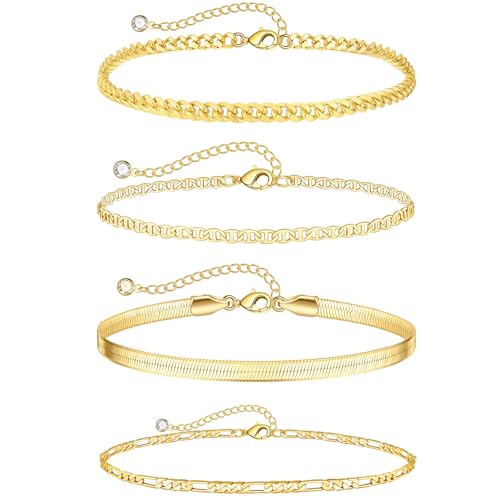 Rotnso Anklets for Women 14K Gold Silver Plated Ankle Bracelets Trendy Waterproof Boho Anklets Set Adjustable Dainty Cute Diamond Beaded Heart Non Tarnish Summer Beach Jewelry Gift - style: 4Pcs Cuban&Mariner-GD
