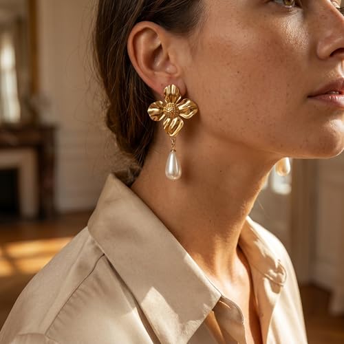 Chunky Gold Plated Flower Statement Drop Earrings for Women | Hypoallergenic 18K Gold Plated Textured Petal Wing, Large Statement Dangle Earrings for Wedding Party - color: Four Petals Pearl