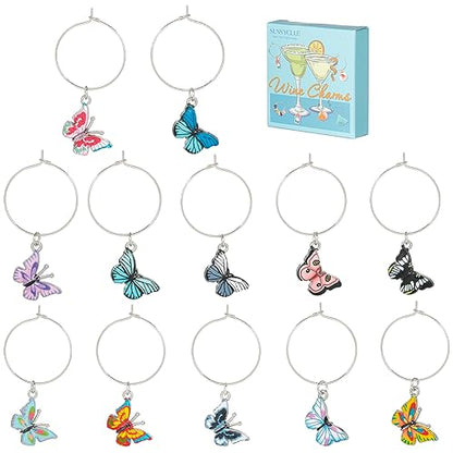 SUNNYCLUE 1 Box 12Pcs Wine Glass Charms Enamel Butterfly Wine Glass Markers Charms Drink Identifiers Silver Brass Beading Hoops Stemless Rings for for Stem Tasting Party Decor - style: 12 Sets Silver Tone Butterfly Drink Identifiers & Upgraded Gift Box