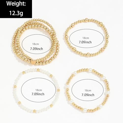 Pearl Bracelets for Women Simulated Pearl Beaded Bracelet White Pearls Stackable Stretch Bracelet Set Multilayered Elastic Pearls Bracelets for Women Bridesmaid Bridal Jewelry - color: gold heart